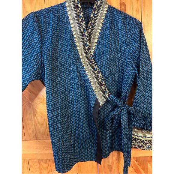 Chinese Women’s Wrap Kimono Jacket Blue Multicolor Pattern READ Size (5420) - Picture 2 of 5